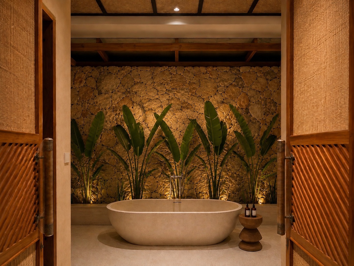 Spa bathroom with stone wall, plants and bathtub