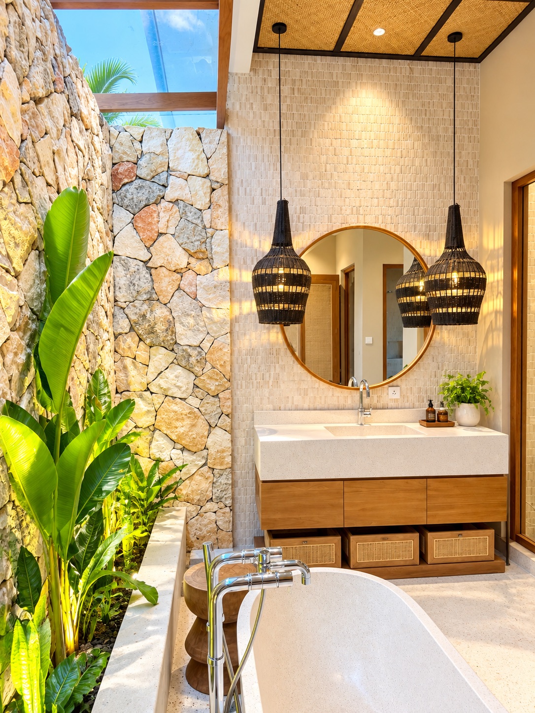 Bathroom vanity with round mirror and rattan pendant lamps