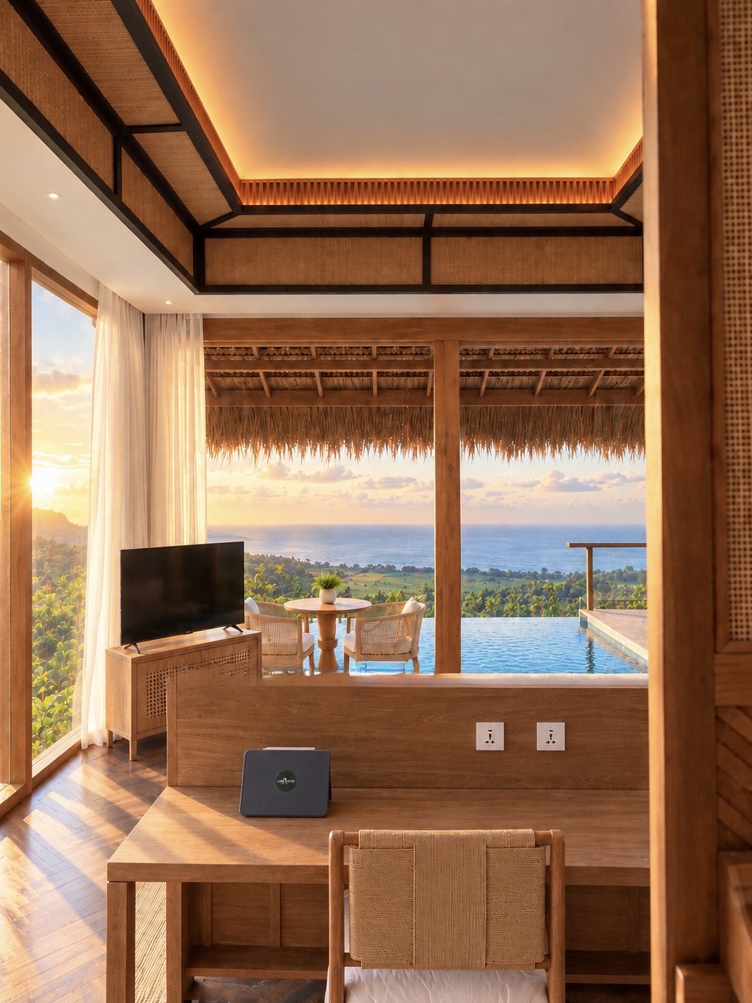 Concept render of the one-bedroom villa interior at sunset