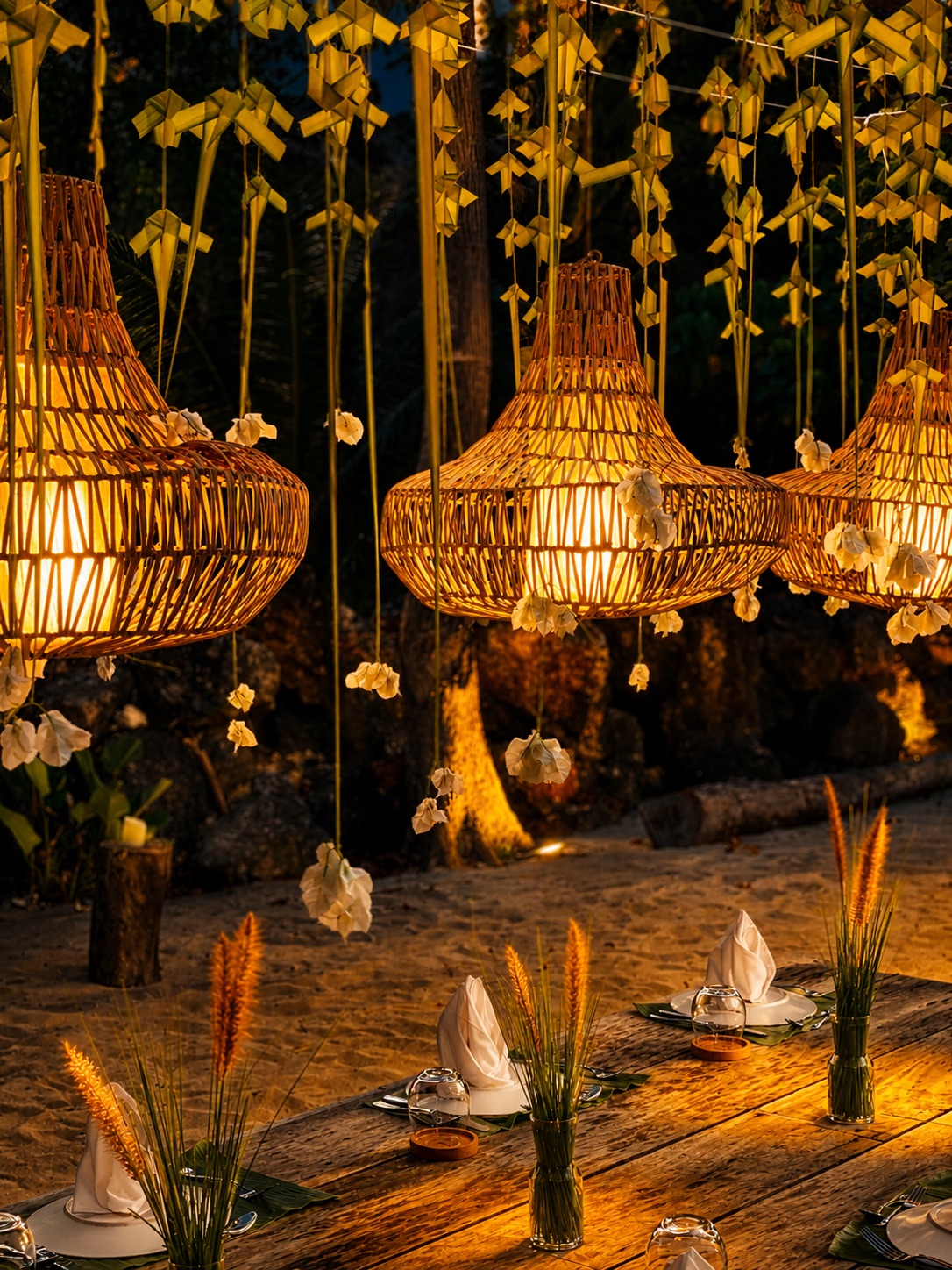 Concept render of rattan pendant lamps over a beach table at night